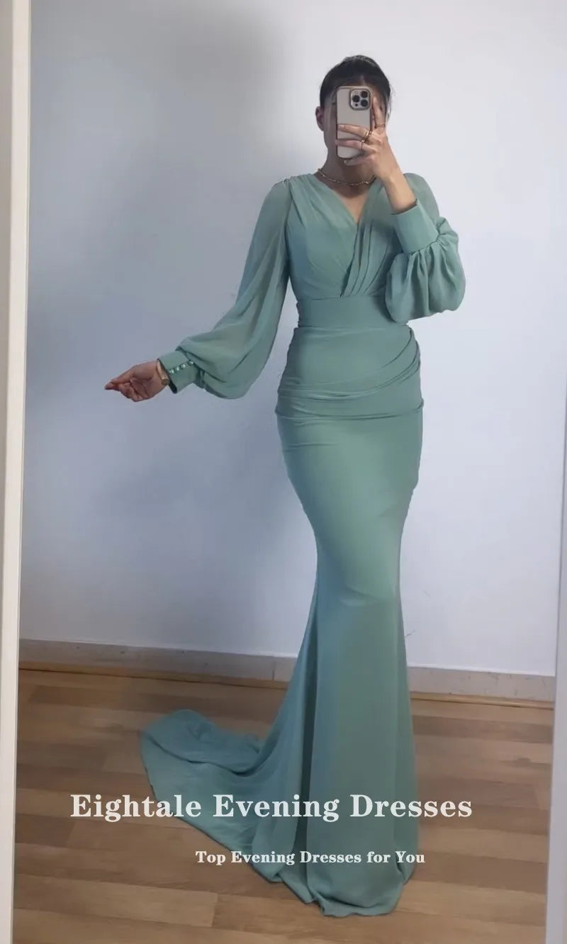 Maxy Eightale Arabic Evening Dress for Wedding Party Chiffon V-Neck Customized Long Sleeve Mermaid Pleats Prom Gowns Celebrity Dress