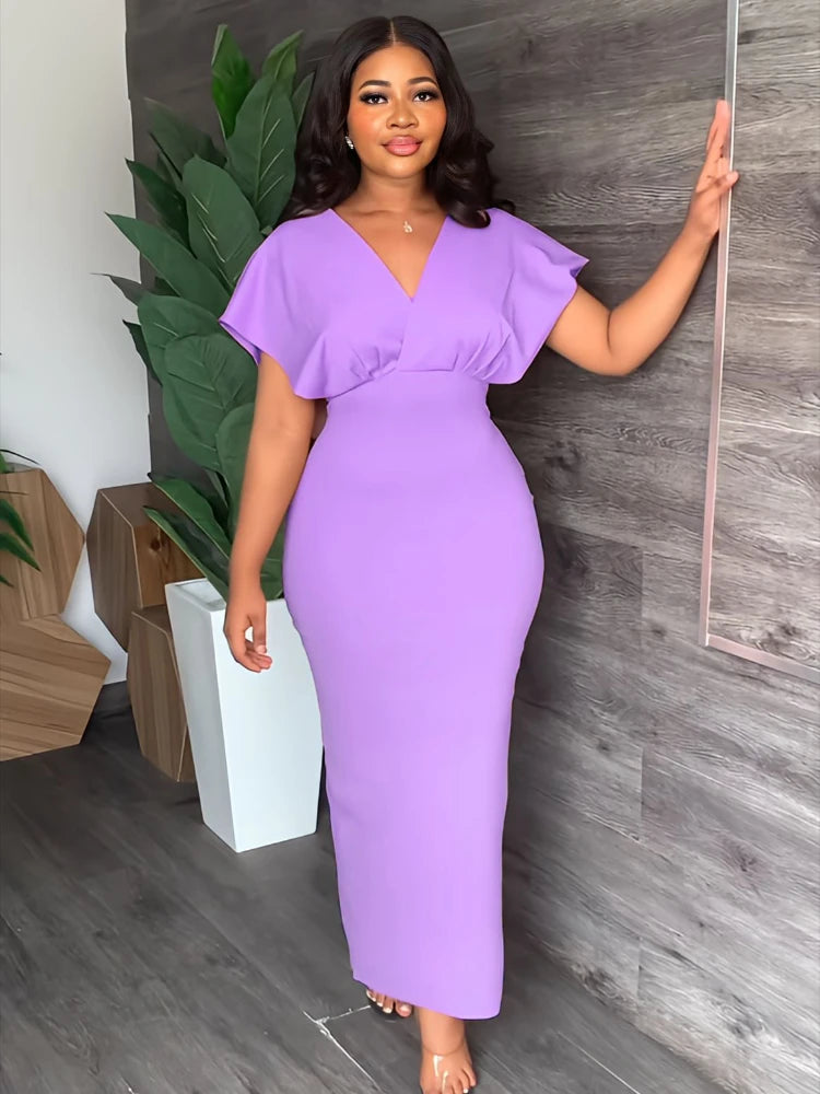 Babs High Waist Dresses for Women Pink V Neck Short Sleeve Purple Bodycon Long Sheath Slim Fit Office Work Evening Occasion Outfits