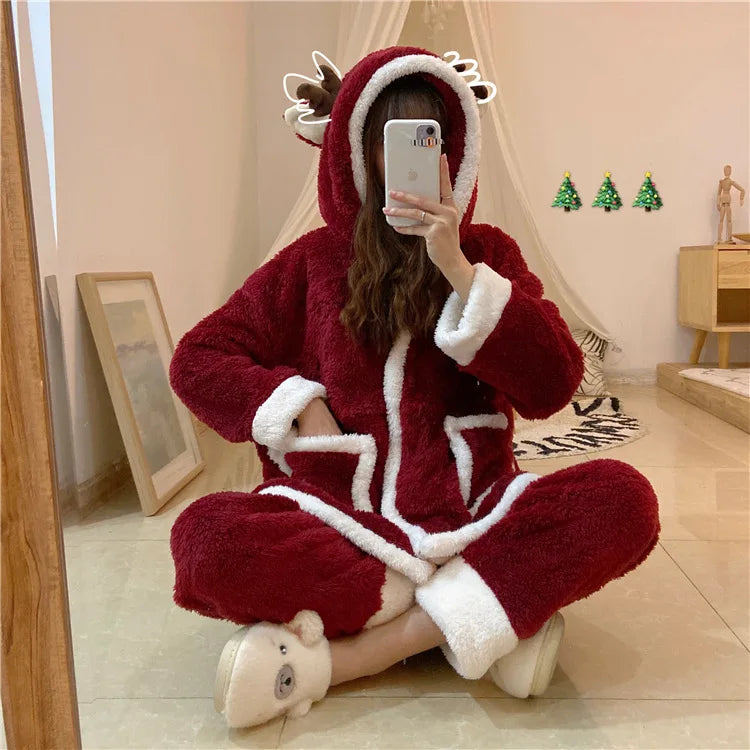 Winter Women Pajamas Christmas Red Reindeer Hooded Set Lounge Homewear Sleep Wear Warm Fluffy Comfy Cute Sweet Kawaii Pajama