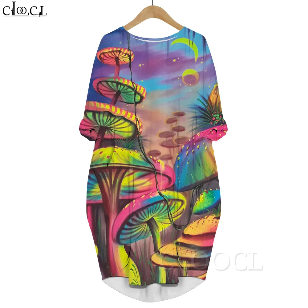 Macy Long Sleeves Dress Abstract Butterfly Graphics 3D Printed Party Dress with Pocket Mid-length Dress Oversized