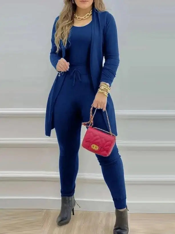Maxy Womens Two Piece Sets Outfit Sleeveless Jumpsuit & Pocket Design Longline Coat 2023 Autumn Winter Spring New Fashion Casual