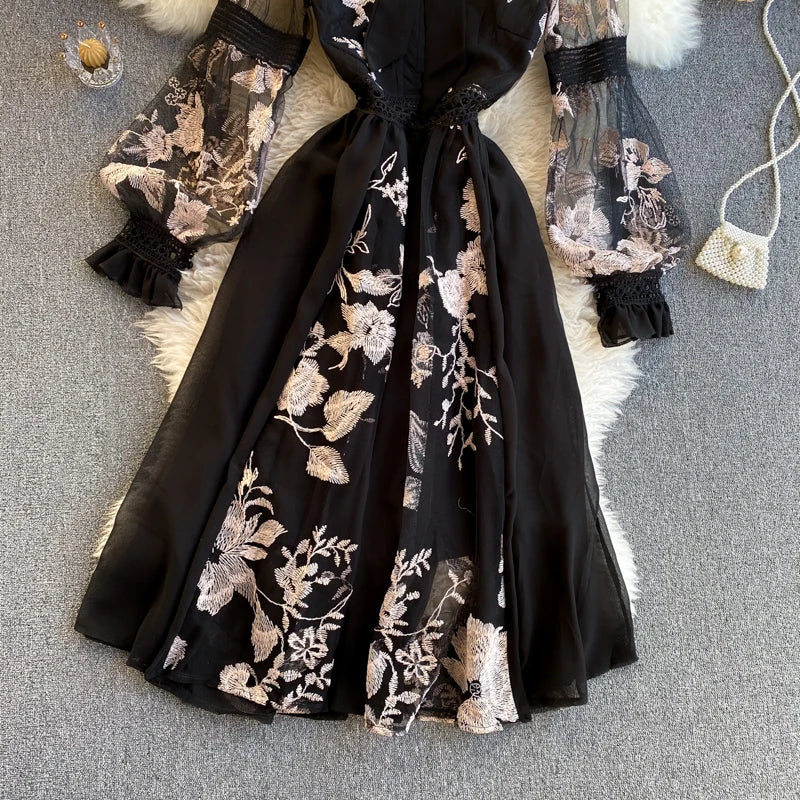Maxy Spring Autumn Zipper Embroidery French Retro Style Lapel Waistband Slim A Line Mesh Lace Dress Elegant Women Clothing