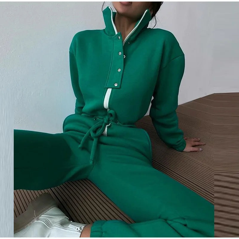 Maxy Casual Stand Collar Jumpsuits Women Autumn Winter Zipper One Piece Long Sleeve Outfit Solid Loose Drawstring Rompers Tracksuits