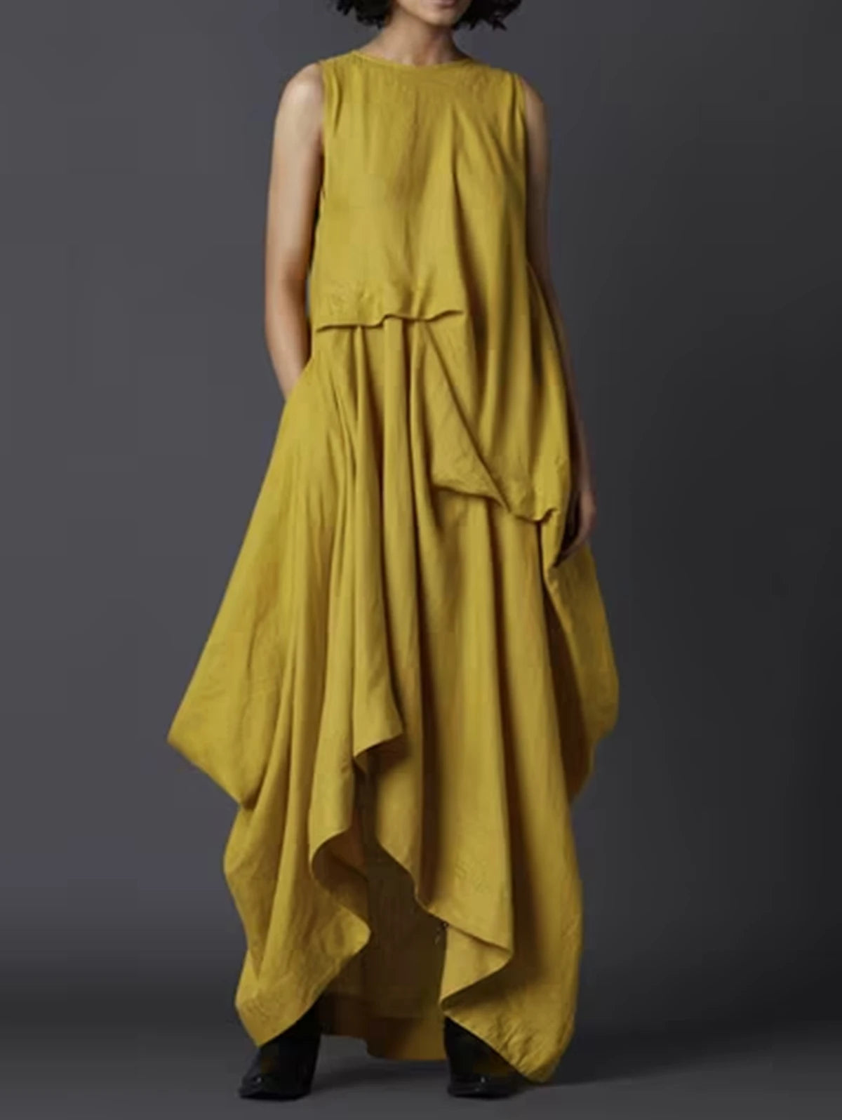 Maxy Summer Pockets Dress Women Crew Neck with Back Button Irregular Maxi Dresses Female Elegant Fashion Casual Loose Tank Dress