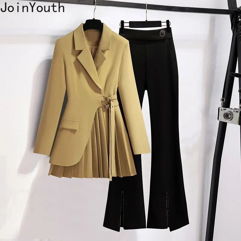 Two Piece Sets Womens Outfits Roupas Femme Temperament Pleated Tailored Coat Tunic Aplit Flare Pants Suit Fashion Korean Set