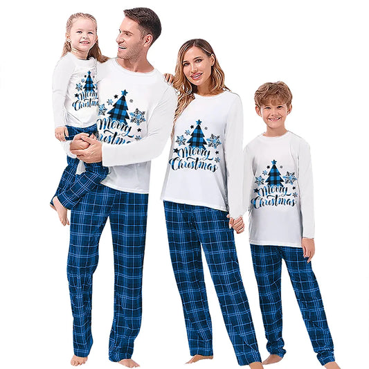 Family Matching Christmas Pajamas, Christmas Tree&Letter Print Long-Sleeved Tops + Plaid Trousers Sleepwear Outfits