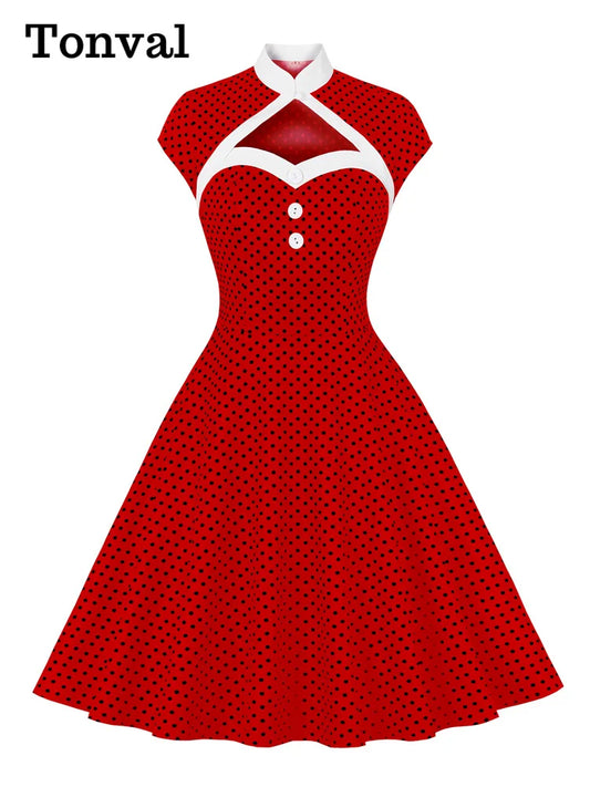 Maxy Toval Stand Collar Hollow Out Front Button Evening Party Dresses Women Cap Sleeve Polka Dot Vintage Dress Elegant Female