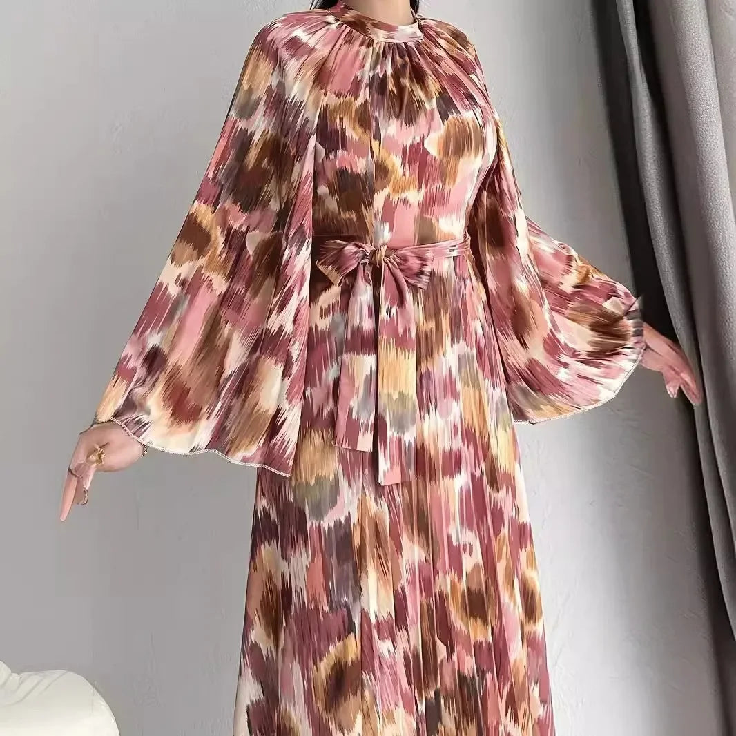 Maxy An Indian Ladies' Muslim Robe. It Is A Fashionable Long - Printed Dress with A Belt From Dubai, Turkey in The Middle East