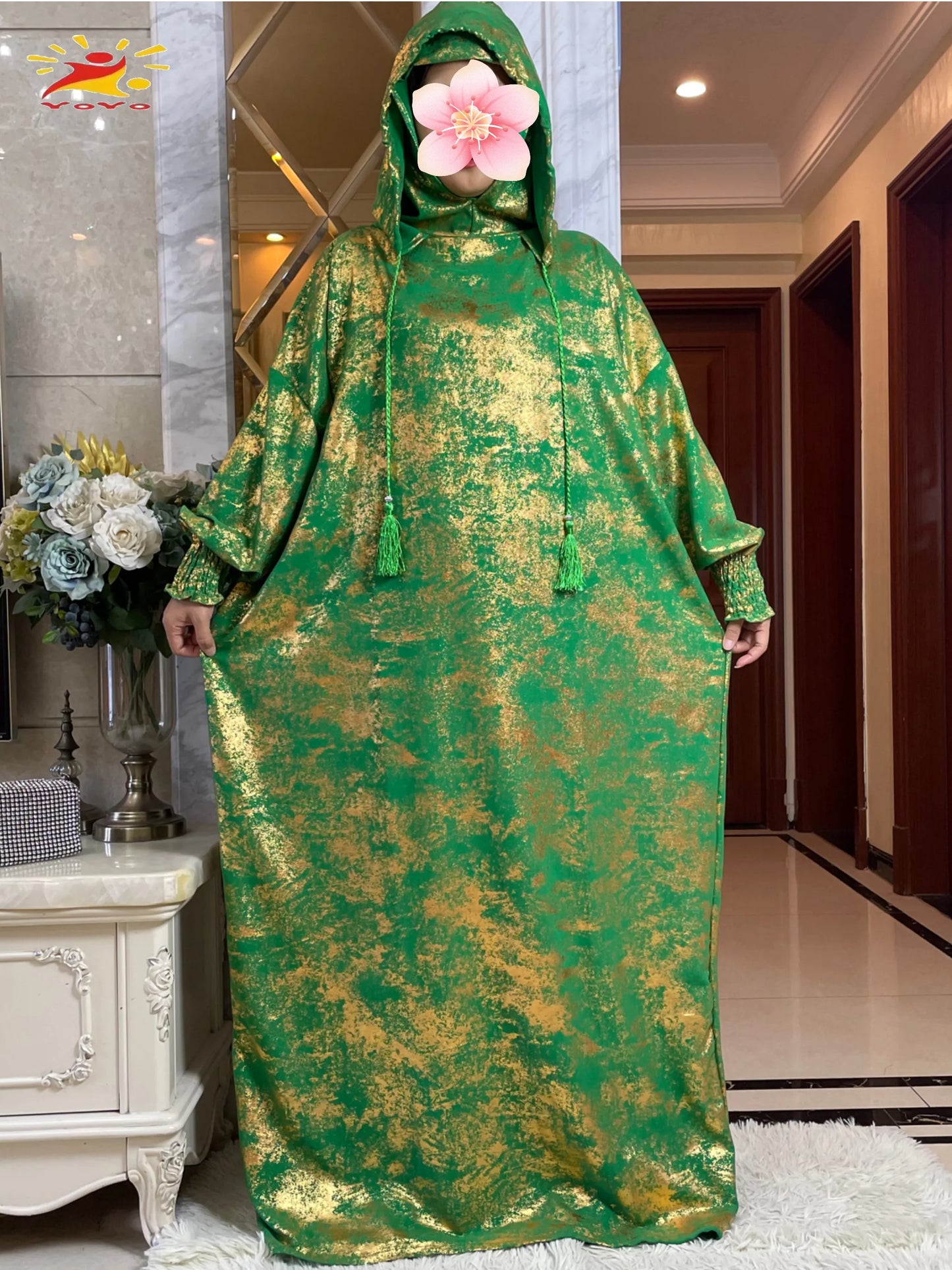 Maxy New Cotton Ramadan Muslim Two-Hat Abaya Dubai Turkey Islam Prayer Clothes Gold Dust   Dress Islam Women Dress Kaftan