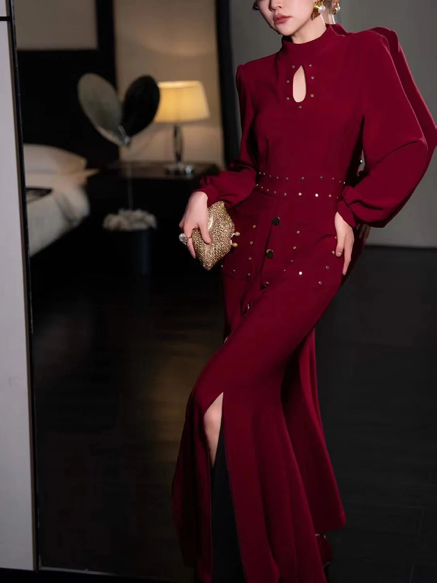 Amay Retro Solid Patchwork Rivet Dress for Women Stand Collar Hollow Out Lantern Sleeve High Waist Split Long Dresses Female