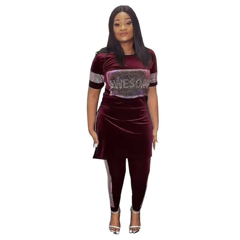 Maxy Velvet 2 Piece Pant Sets Outfits Women Short Sleeve Blouses Slim Pencil Pants Suit Ladies Beading Matching Set Tracksuit