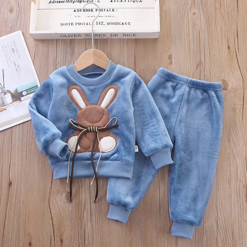 Maxy Children Toddler Set Cartoon Rabbit Pajamas Baby Boy Girl Flannel Warm Sleepwear Top+Pants 2pcs Autumn Winter Casual Clothes New