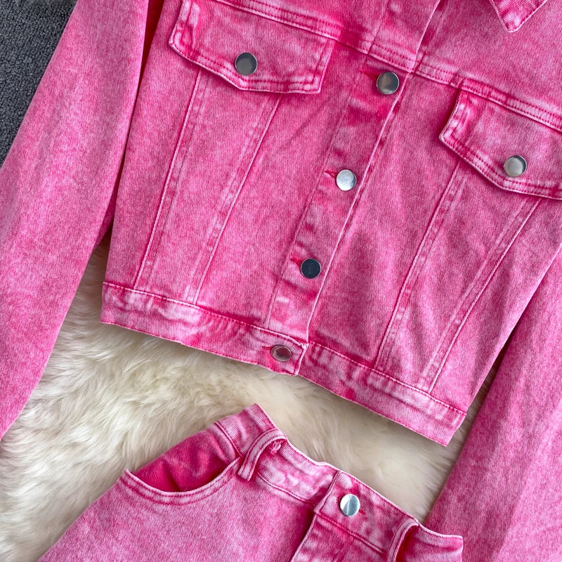 Maxy Autumn Women Pink Denim Sets Lapel Long Sleeve Short Denim Jacket High Waist Denim Skirt Korean Female Two Piece Set Streetwear