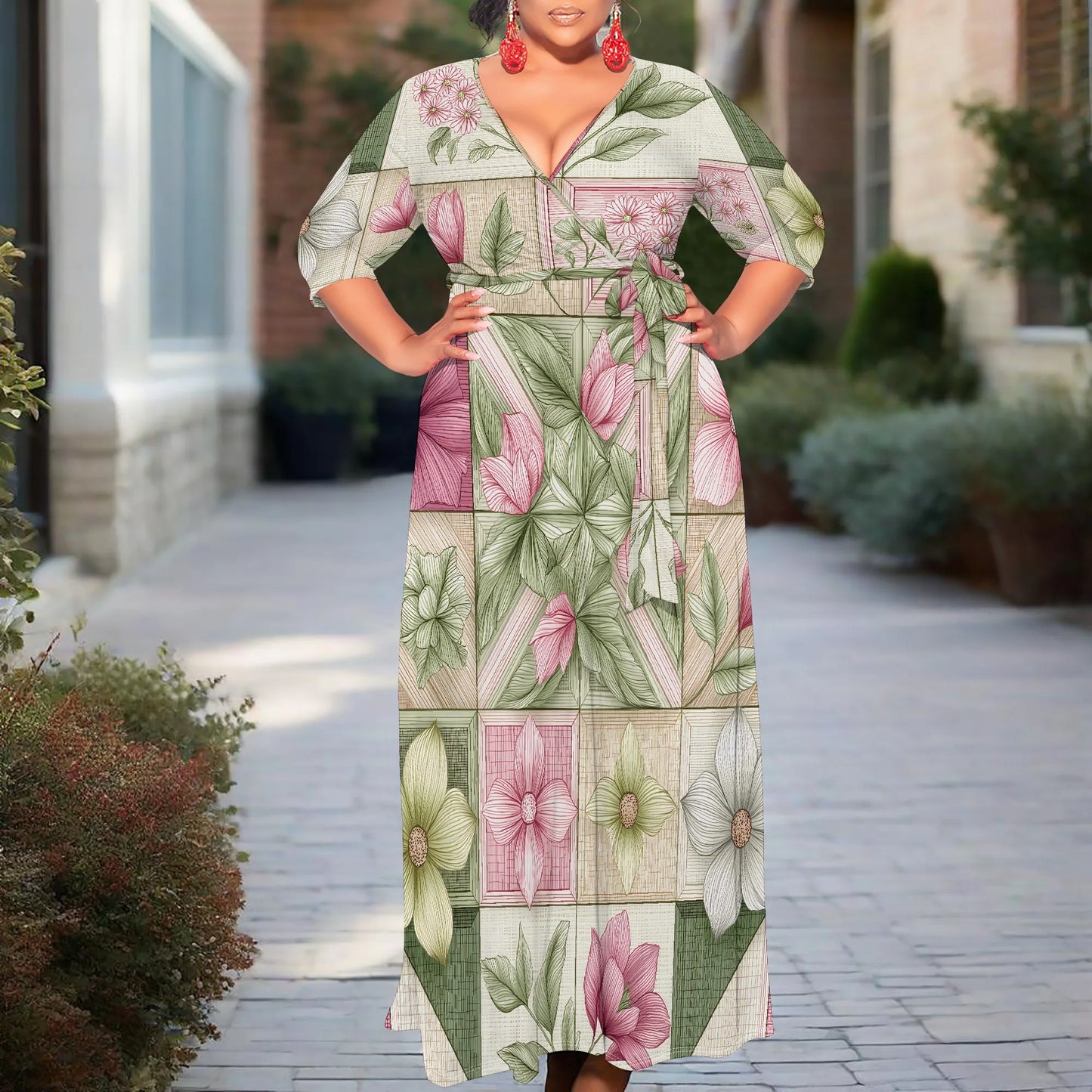 Maxy Plus Size Long Sleeve Floral Patchwork Maxy Dress V-Neck Elegant Artistic Design