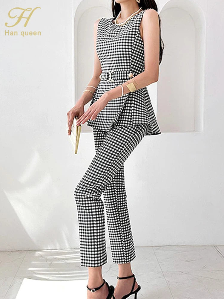 Maxy Queen Summer New Occupation Plaid 2-Piece Suits Women Elegant Sleeveless Top & Simple Pants Korean Casual Office Set