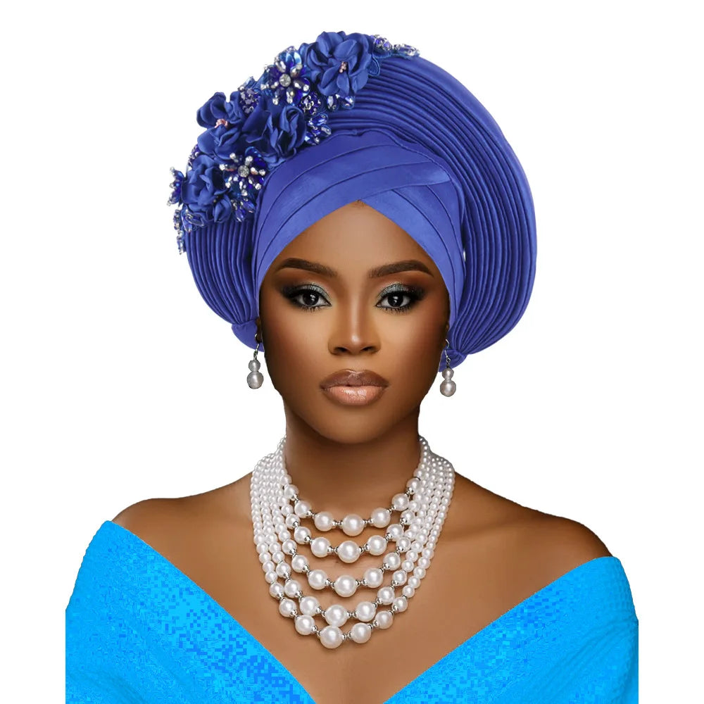 Maxy Fashion African Head tie Turban Nigeria Head Ties Flowers Already Made Auto Gele Women Head Wraps for Wedding Party Headpiece New