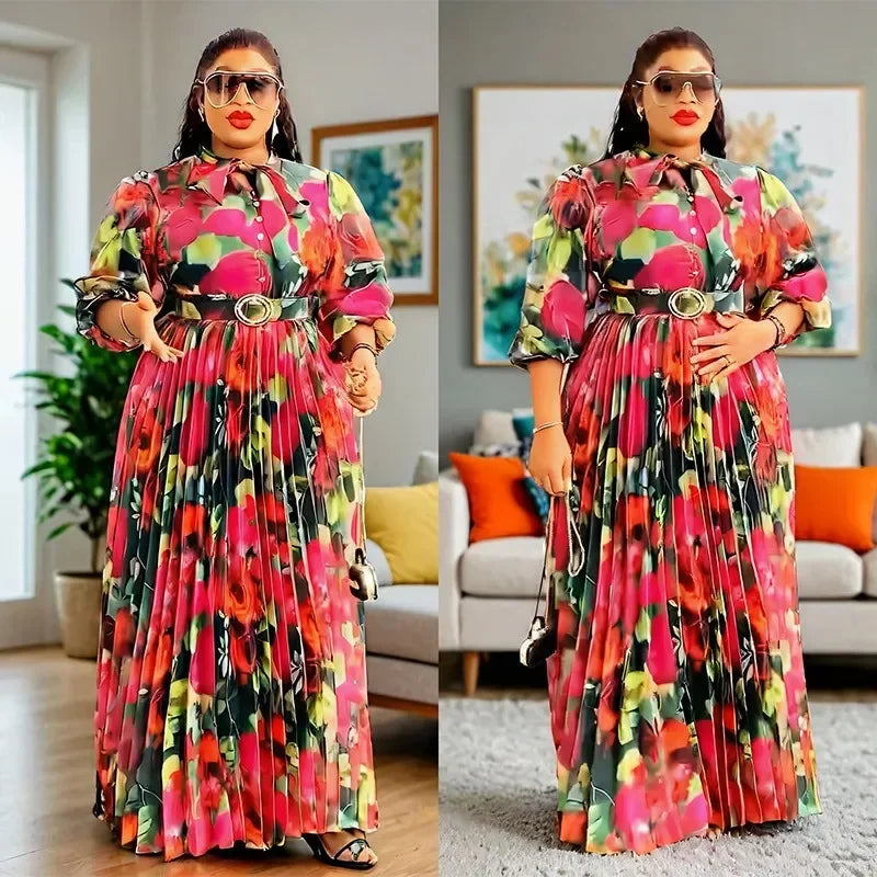 Maxy Plus Size Print Dresses Autumn Elegant 3/4 Sleeve Party Evening Long Dress Gowns Dashiki African Clothes