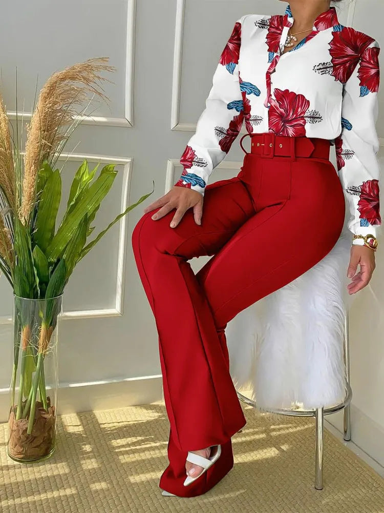 Maxy Casual Women's Two-Piece Sets Fall/winter Fashion Floral Print Stand Neck Long Sleeve Shirt & Wide Leg Pants 2pcs Set With Belts