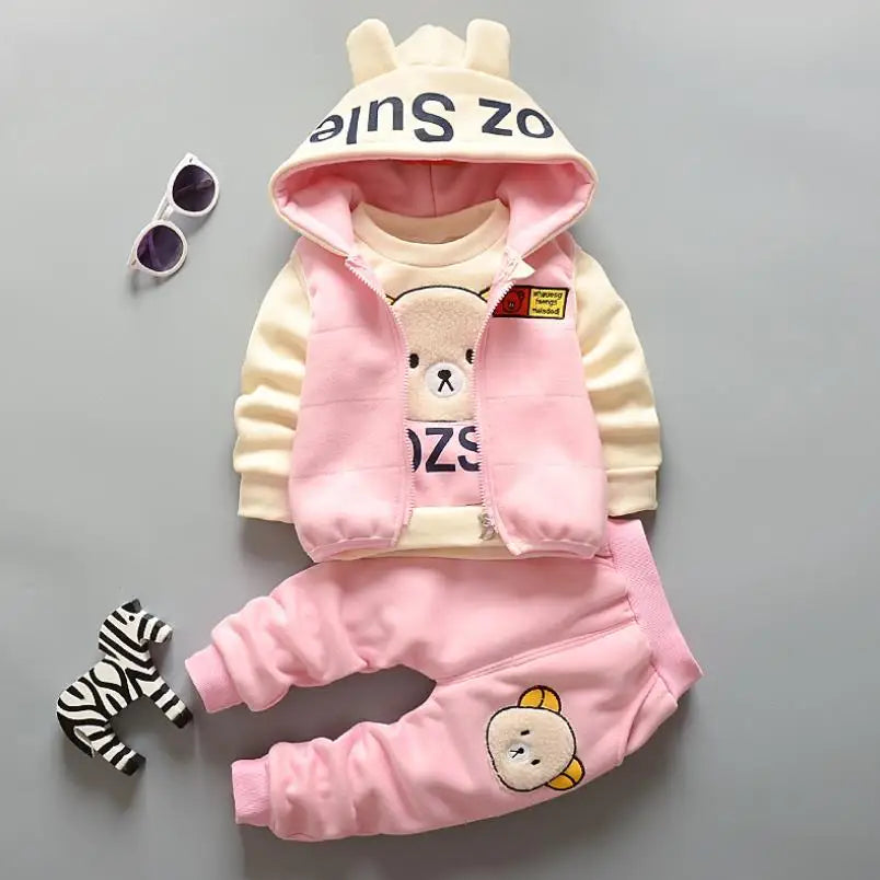 Maxy 2024 New Baby Boys Girls Christmas Cartoon Winter Hooded Plush Warm Vest Coat+Sweatshirt+Pants 3Pcs Infant Children Sports Suit