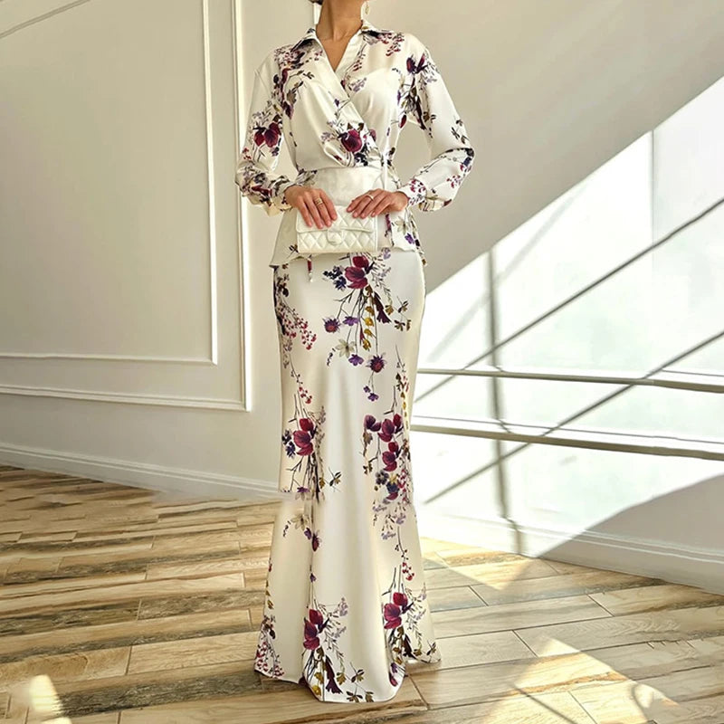 Maxy Ladies V-neck Long Sleeved Top and Skirt Two Piece Sets Spring Fashion Floral Print Slim Fit Suit Elegant Lace Up Party Outfits