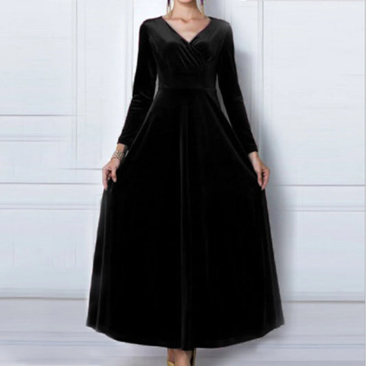 Vintage Women Autumn Long Sleeve V Neck Pleated Velvet Banquet Party Maxi Dress Party Wedding Elegant Evening Dress