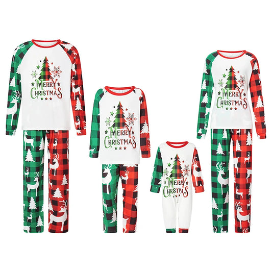 Maxy Family Loungewear Pjs Matching Set Christmas Tree Letter Print Long Sleeve Tops Elastic Waist Plaid Pants Sleepwear