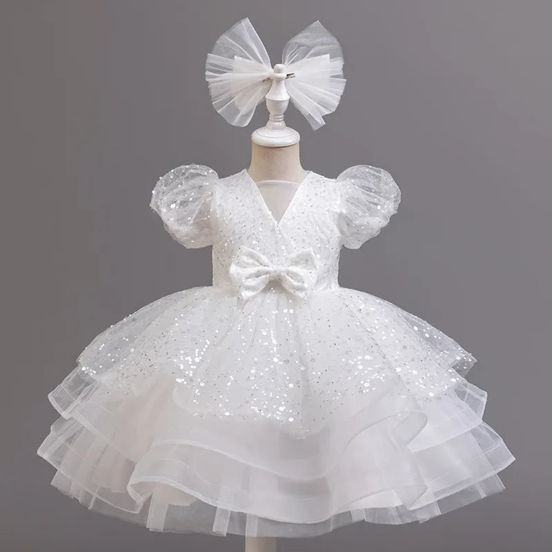 Maxy Luxury Western Girl Sequenant Dress Bubble Sleeve Vedic Princess Skirt 2-10 Birthday Party Evening Dress Summer Girl's clothes