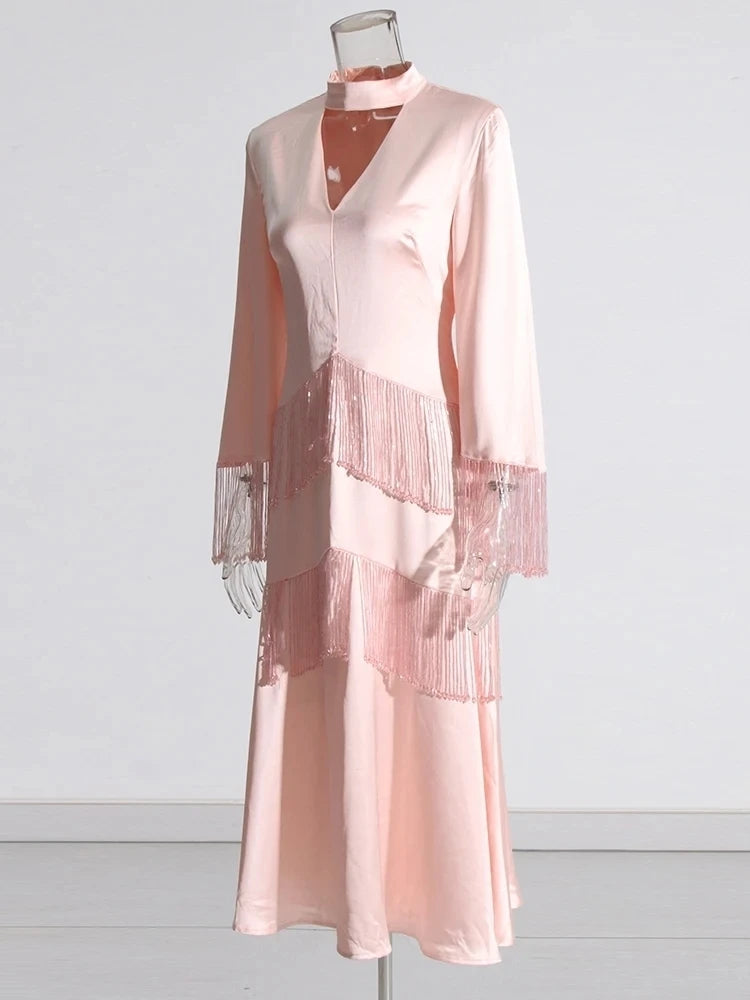 Amay Solid Spliced Tassel Elegant Dresses For Women Stand Collar Long Sleeve High Waist Hollow Out Temperament Dress Female New