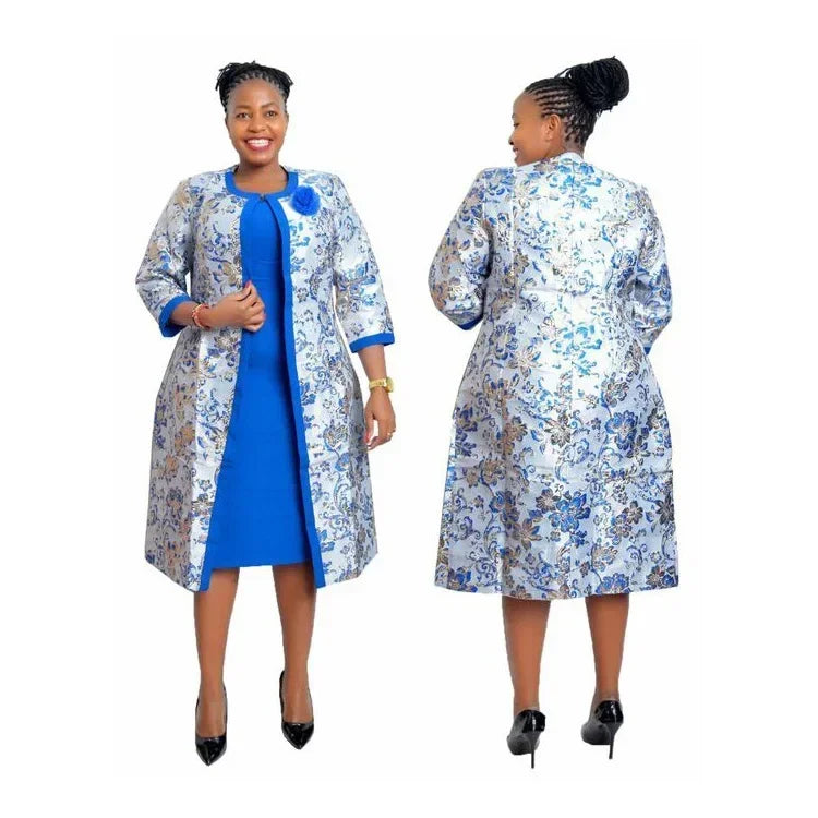 Maxy 2 Piece Set long Coat and Dress Christmas African Midi Dresses Women Bazin Riche African Clothing Dresses Africa Clothes