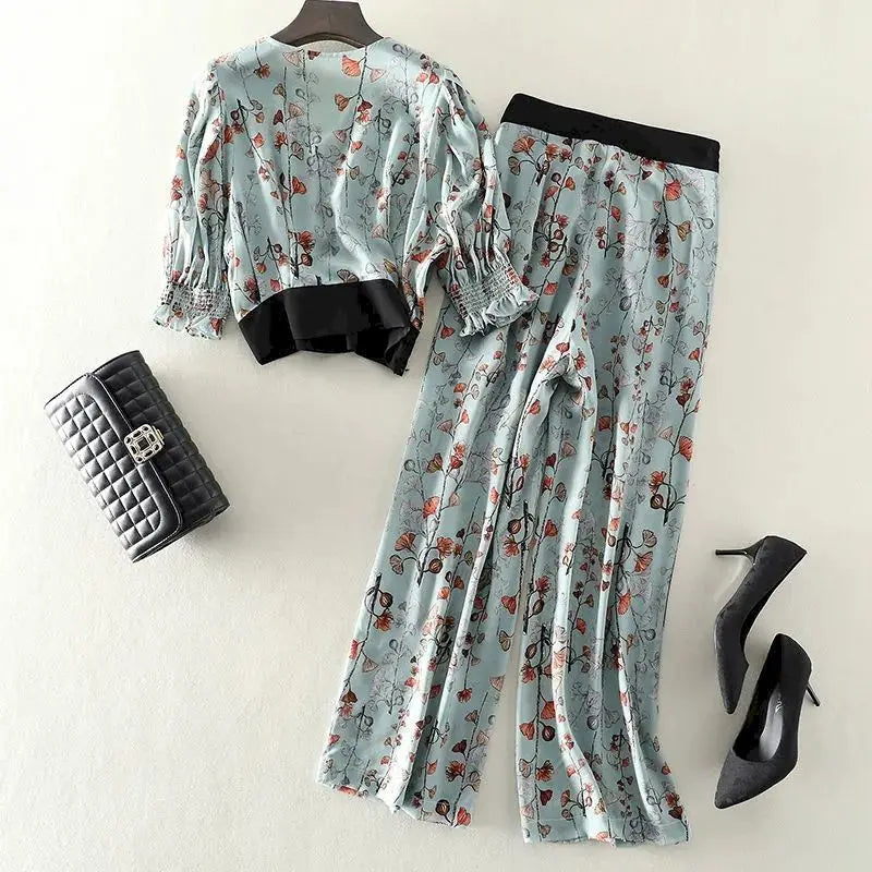Maxy Fashion Women's Suits Summer Short-sleeved Puff Sleeve Short Blouses Casual Loose Trousers Thin Trend Temperament 2 Piece Sets