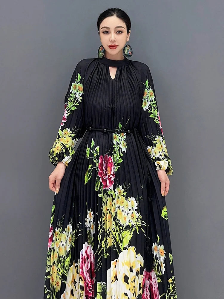 Maxy SHENGPALAE Printed Dress For Women Fashion O-neck Draped Lace Up Waist A-line Casual Vestido Robe Female Autumn New 5R5279