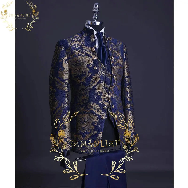 Visco Handsome Blue Gold Floral Rim Stage Men Suit Set Stand Collar Men's Suits (Jacket+pants+vest)