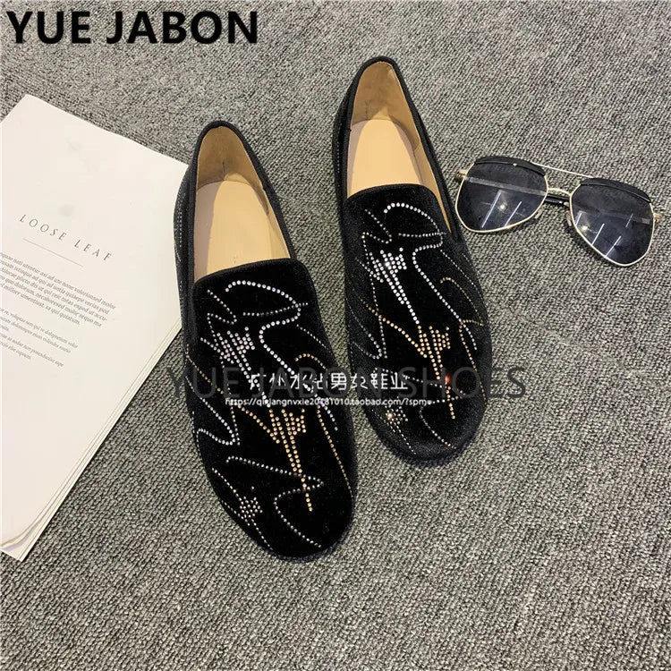 Visco New Fashion Men Rhinestone Shoes British Men's Flats Smoking Slippers Men Loafers Dress Shoes Black Casual Shoes Gladiator Mens