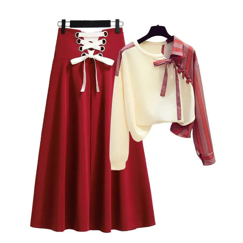 Maxy Casual Drawstring Bow Matching Sets Spring Autumn Fashion Asymmetrical Patchwork Female Clothing Two Piece Set Basic Dress Sets