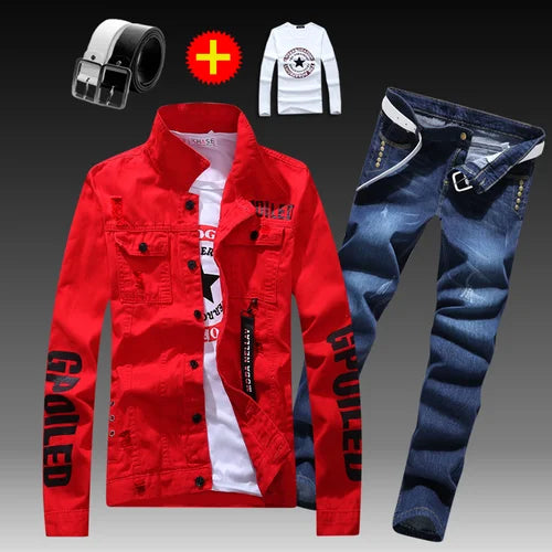 Visco Men's Slim Fit Denim Jacket Pants 2pcs Set Long Sleeve Coats Letters Printed Casual Large Size Black White Red Boys Trousers