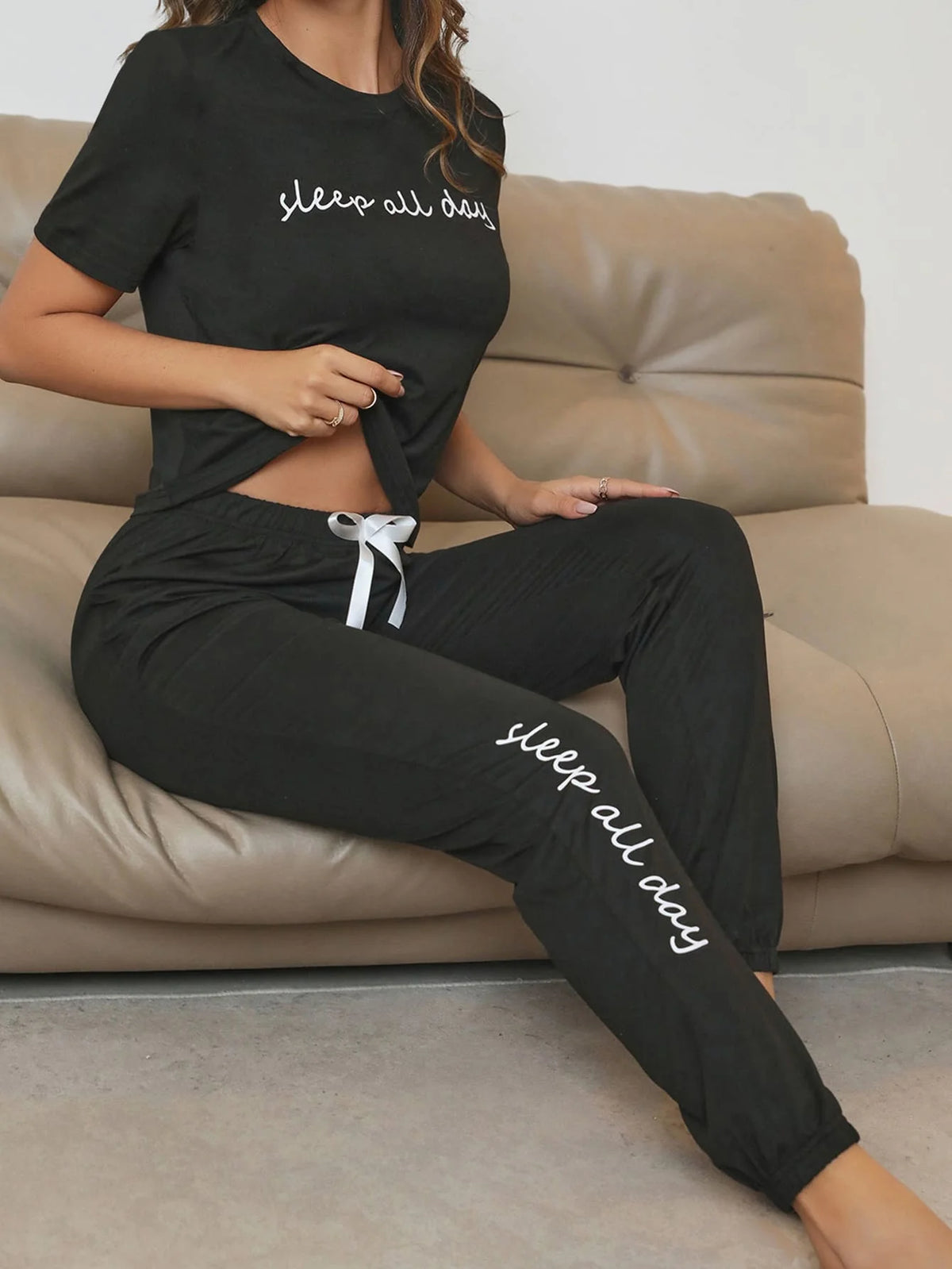 Maxy Sleep All Day Slogan Tee And Bow Front Lounge Pants Set
