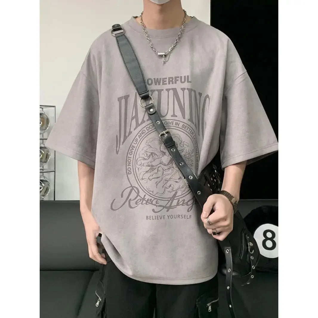 Military green American suede short-sleeved T-shirt men's summer heavyweight trendy brand retro oversize half-sleeve tops
