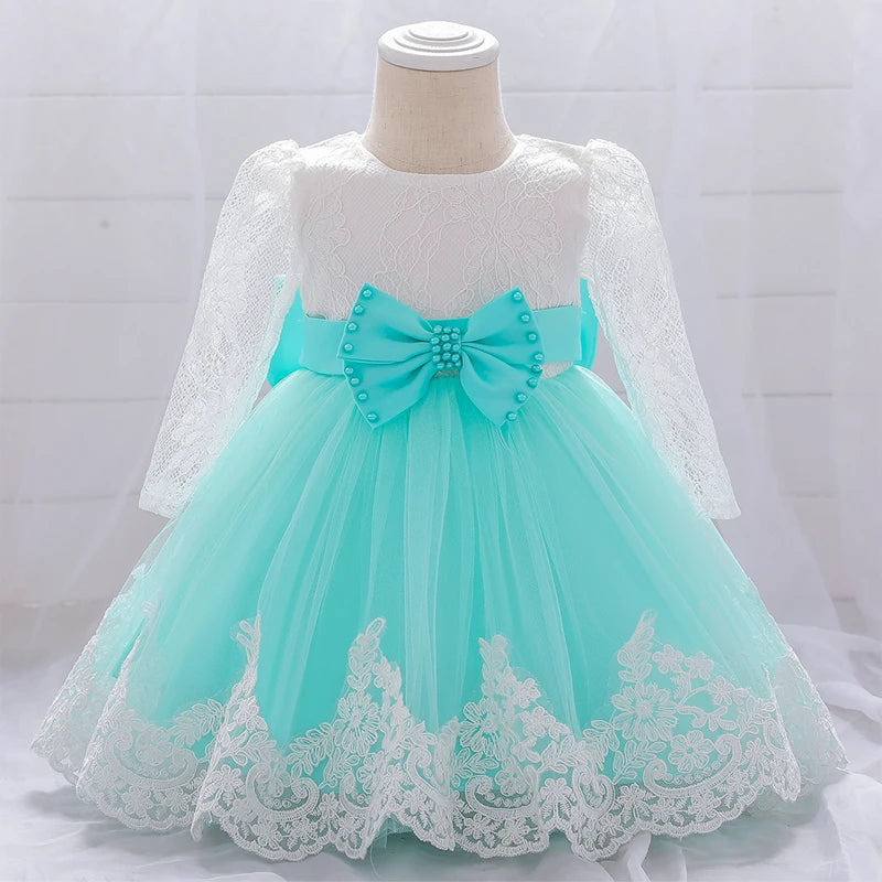 Maxy Baby Girl Baptism Newborn Photography Clothing Toddler Birthday Summer Dress Kids Christening Long Sleeve Lace Bow Ball Gown