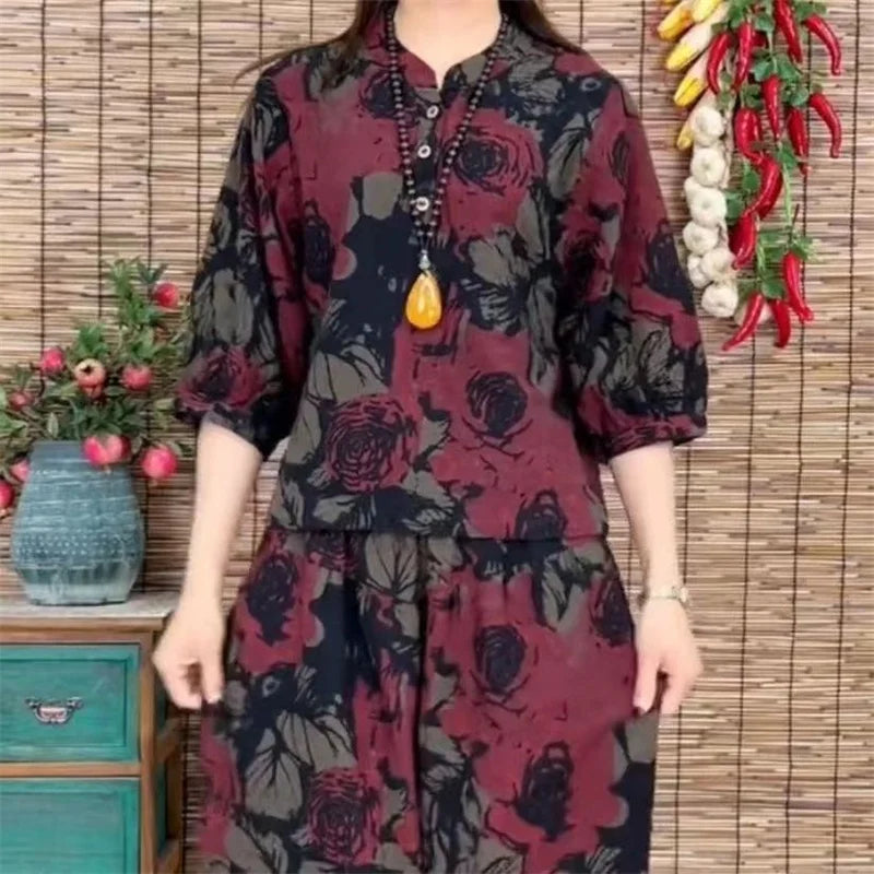 Maxy Summer Mother Sets Cotton And Linen New Loose And Thin Printed Casual Suits Retro Harem Pants Two-Piece Set Short Sleeve T-Shirt