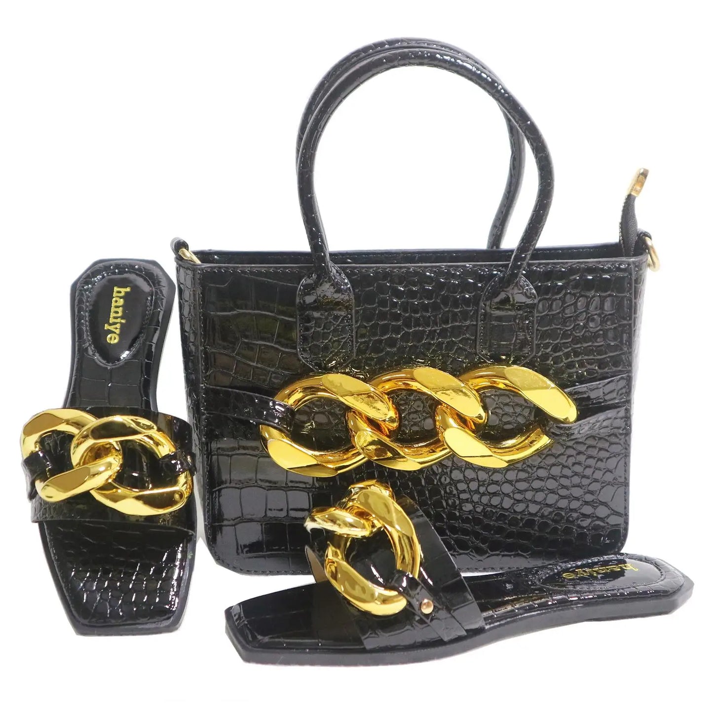 Maxy Big Metal Chain Decoration PU Handbags Matching Square Toe Flats Slippers Stone Pattern Shoes And Bag Set