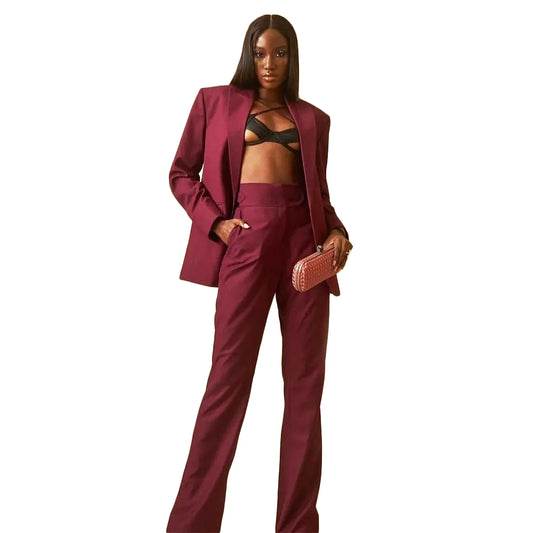 Maxy Classic Women Burgundy Suits Custom Made Peaked Lapel Loose Over Size Blazer Streetwear Outdoor Casual Daily Coat 2 Pieces
