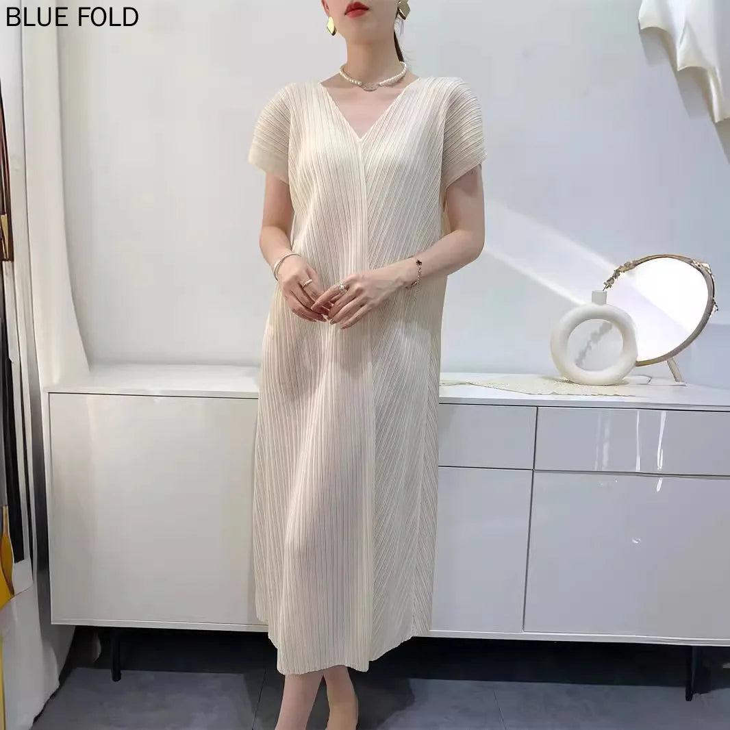 Maxy High-end Summer New V-neck Slit Pleats Dress Medium-length Comfortable Casual Pleated Dresshigh Quality Office Dress Robe