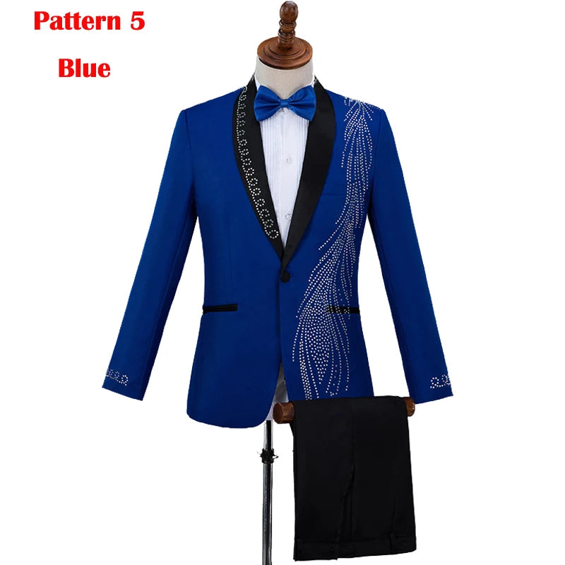 Amay Royal Blue Sequin Embroidery Suit Men Wedding Groom Tuxedo Suits Pants Mens One Button Peak Lapel Stage Costume Traje Hombre 2XL