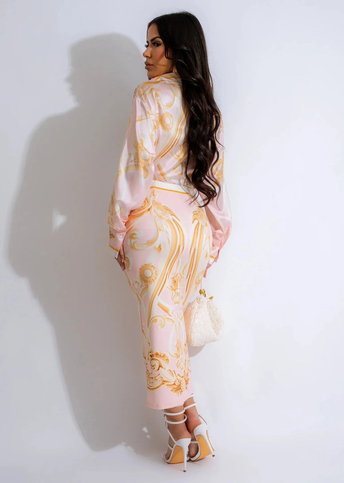 Maxy Elegant Ladies New Midi Skirt Set Women Dress Fashion Print Long Sleeve Shirt Blouses Skirt Holiday Commuting Two Piece Suit