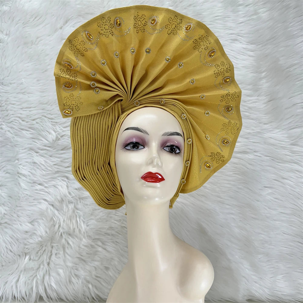 Maxy Luxury African Women’s Sego Head tie Crystal Stone Aso Oke Gele Aso Ebi Already Made Headtie Turban Cap Women Head Wear