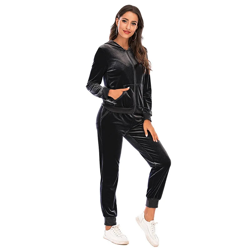 Maxy Autumn Two Pieces Tracksuit Women Velvet Oversize Sweatshirts Jogging Femme Suits Female Tops Pants Sets