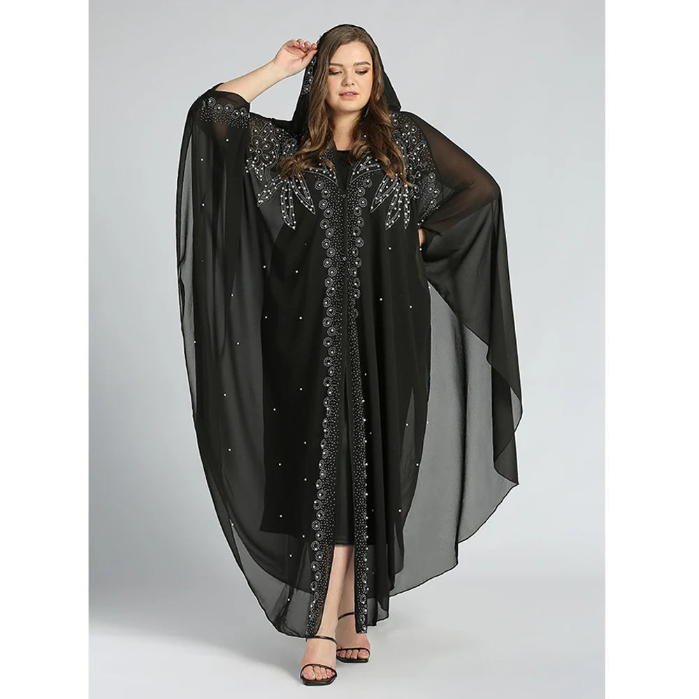 Maxy Morocco Kaftan Dubai Hooded Maxi Dress Bat Sleeve Farasha Kaftan Muslim Women African Open Kimono Boubou Evening Long Gown