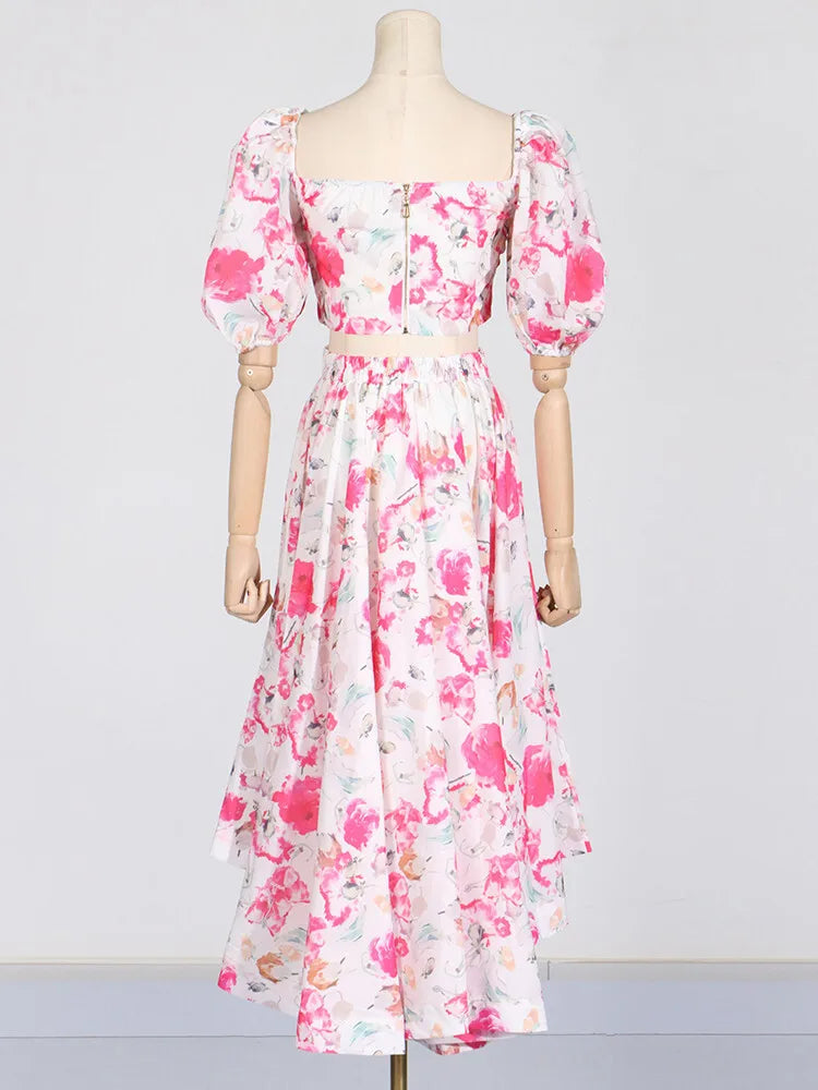 Maxy Elegant Print Two Piece Set for Women Square Collar Puff Sleeve Short Tops High Waist Long Skirts Evening Sets Female New