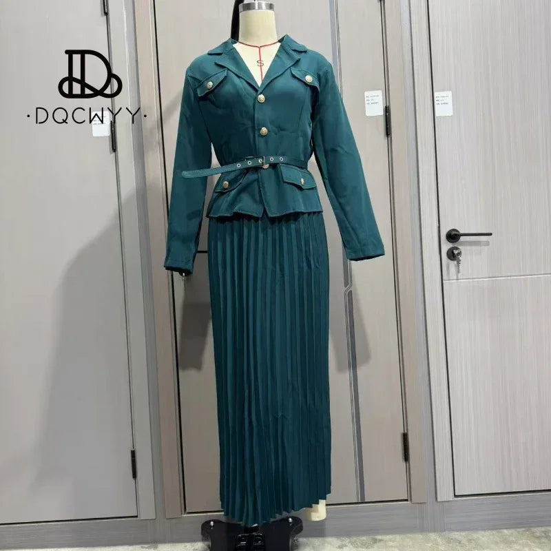 Maxy Women's Two Pieces Set Blazer Lady Pleated Long Dress Spring New in Matching Sets Button Temperament Elegant Women's Sets