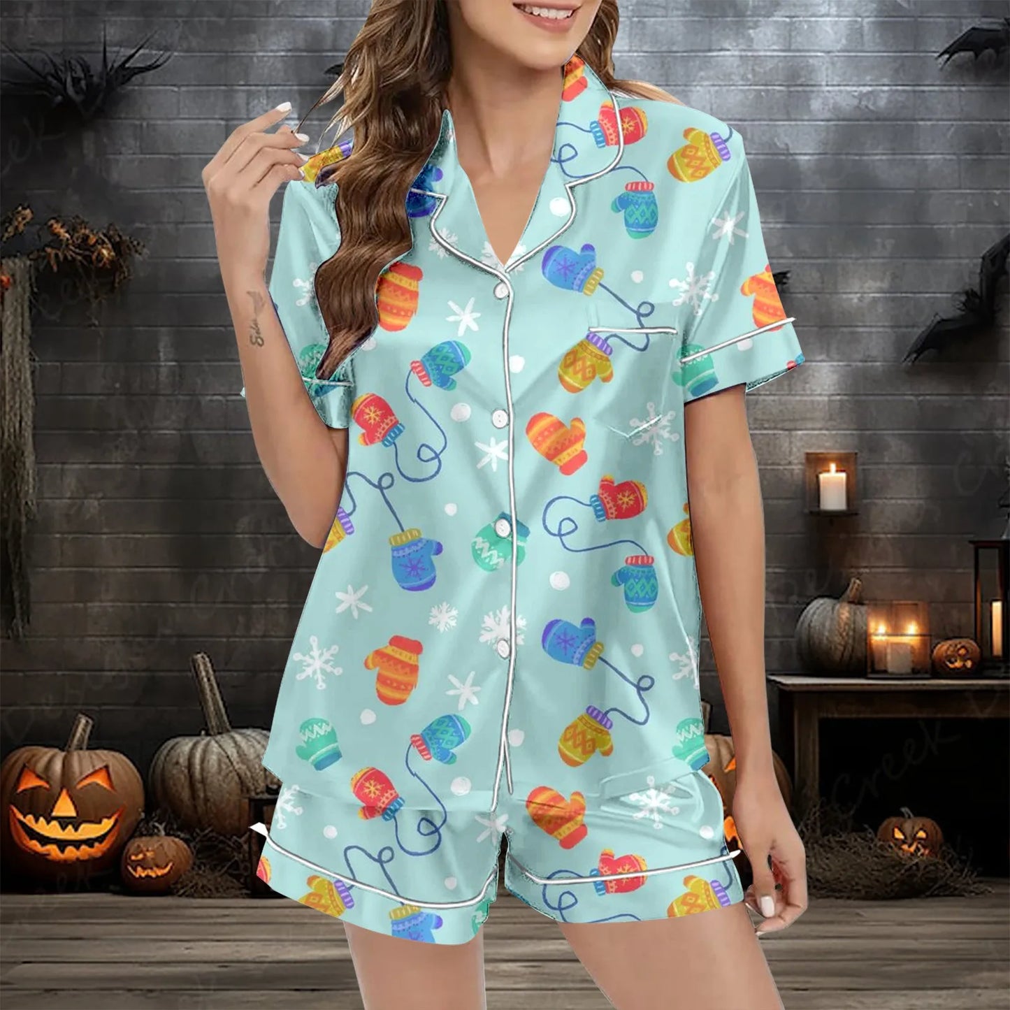 Womens Christmas Print Shorts 2 Piece Set Sleepwear Pants Suit Soft Comfortable Button-Down Sleepwear Female Nightwear 2024